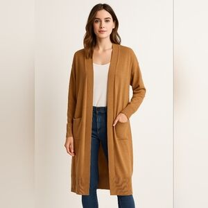 Alexander + David Camel Long‎ Knit Open Front Cardigan Duster S/M Pockets